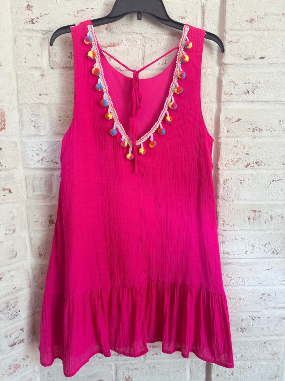 Entro Hot Pink Pom Pom Trim Gauzy Tunic Dress Cover Up Size L Boho Lined